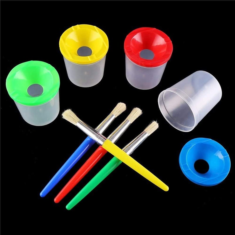DIYASY 4 Pcs Kids No Spill Paint Cups and 4 Round Paint Brushes 4 Colors Spill Proof Paint Cups for Childrenâ€™ Art Class and Home. - Image 2